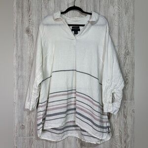 Tahari Long Sleeve 100% Linen Longline Popover Lightweight Tunic Blouse Top 2X